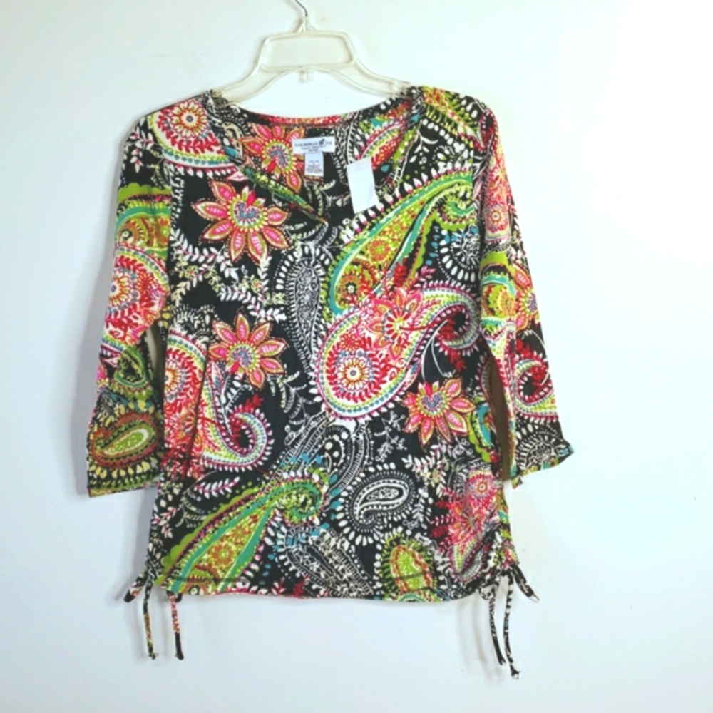 new CARIBBEAN JOE top PETITE MEDIUM 8 10 Tropical Navy Blue Paisley Stretch